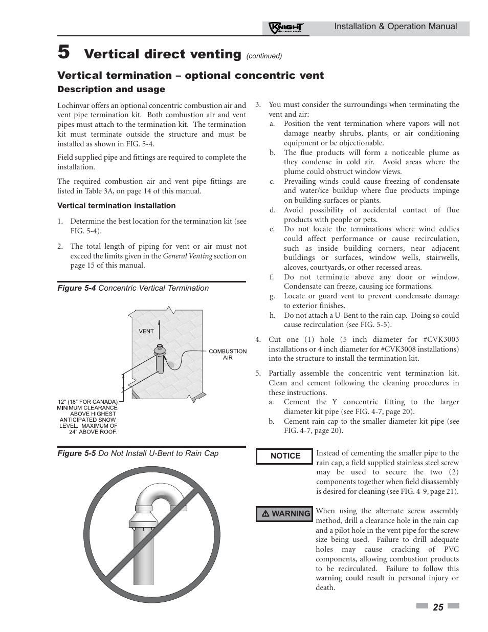 Vertical direct venting, Vertical termination – optional concentric vent | Lochinvar Knight 50-210 User Manual | Page 25 / 68