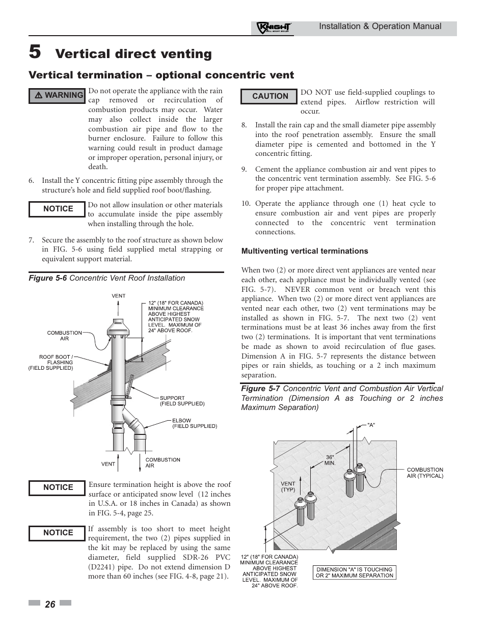 Vertical direct venting, Vertical termination – optional concentric vent | Lochinvar Knight 50-210 User Manual | Page 26 / 68