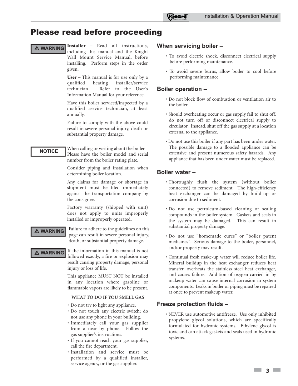 Please read before proceeding | Lochinvar Knight 50-210 User Manual | Page 3 / 68