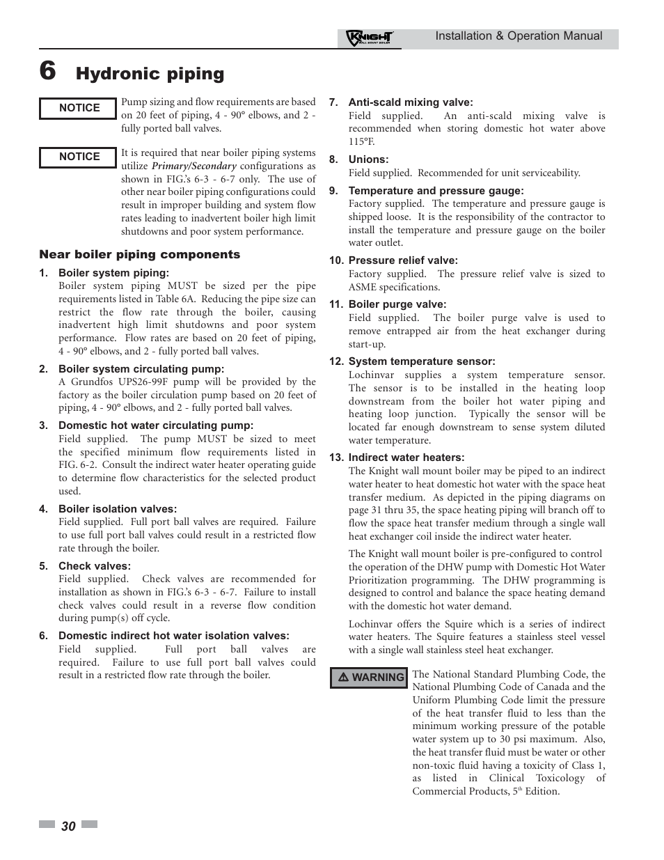 Hydronic piping | Lochinvar Knight 50-210 User Manual | Page 30 / 68