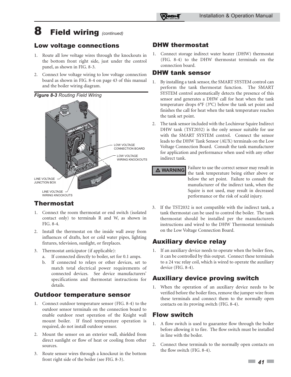 Field wiring, Low voltage connections, Thermostat | Outdoor temperature sensor, Dhw thermostat, Auxiliary device relay, Auxiliary device proving switch, Flow switch, Dhw tank sensor | Lochinvar Knight 50-210 User Manual | Page 41 / 68