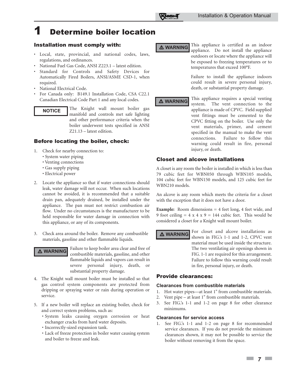 Determine boiler location | Lochinvar Knight 50-210 User Manual | Page 7 / 68