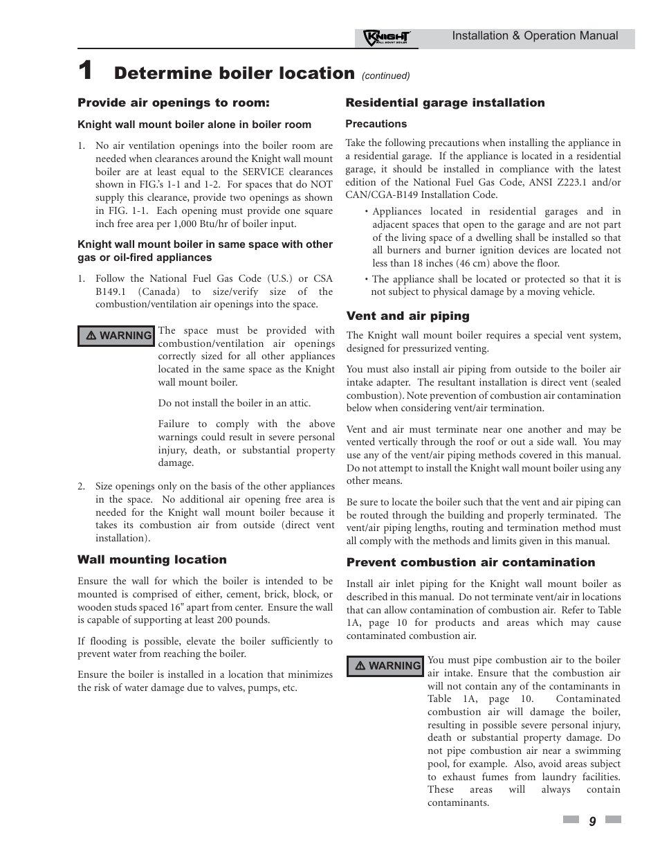 Determine boiler location | Lochinvar Knight 50-210 User Manual | Page 9 / 68
