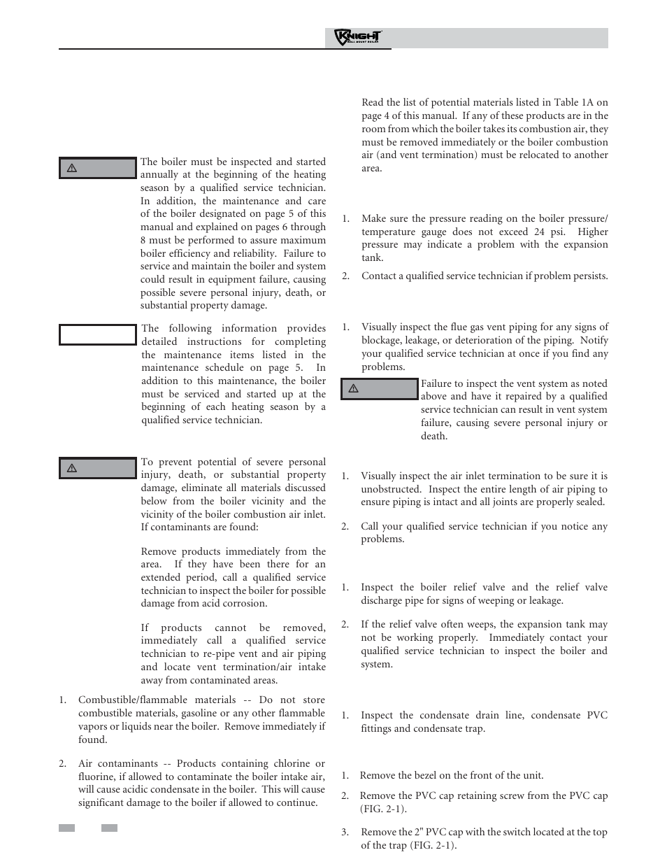 Maintenance schedule, Maintenance procedures | Lochinvar Knight Wall Mount Boiler 51 - 211 User Manual | Page 6 / 16