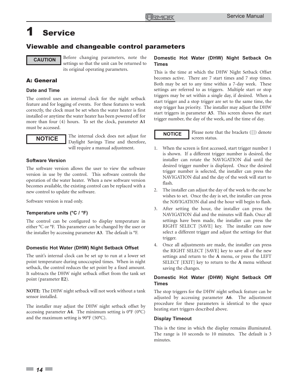 Service, Viewable and changeable control parameters | Lochinvar ARMOR 151 - 801 User Manual | Page 14 / 40