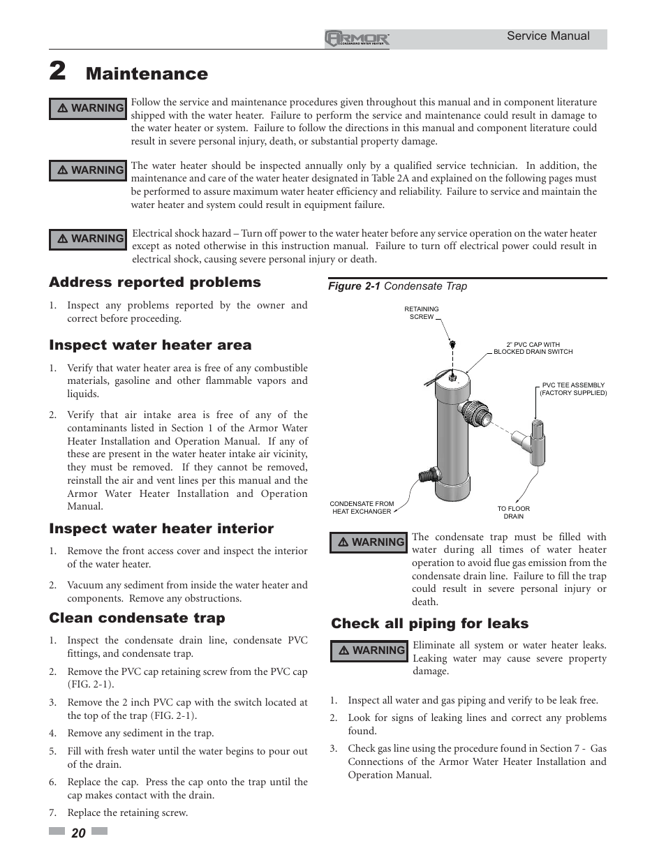 Maintenance, Address reported problems, Inspect water heater area | Inspect water heater interior, Clean condensate trap, Check all piping for leaks | Lochinvar ARMOR 151 - 801 User Manual | Page 20 / 40