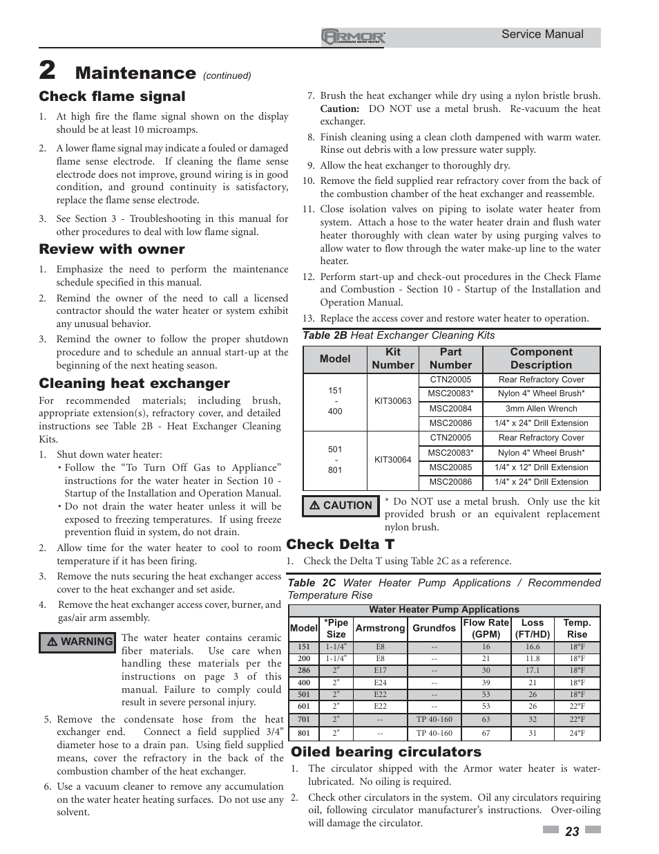 Maintenance, Check flame signal, Review with owner | Oiled bearing circulators, Check delta t, Cleaning heat exchanger | Lochinvar ARMOR 151 - 801 User Manual | Page 23 / 40