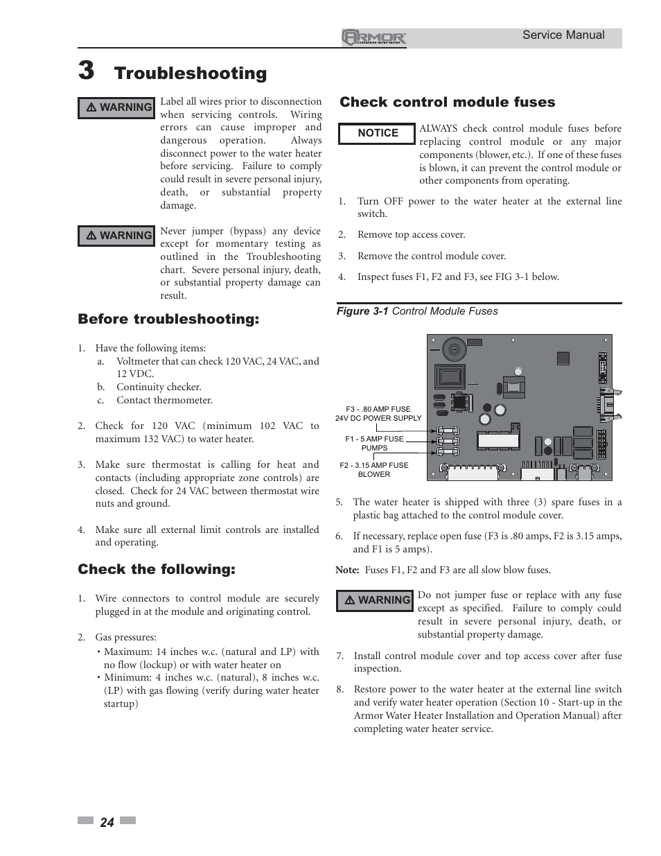 Troubleshooting, Before troubleshooting, Check the following | Check control module fuses | Lochinvar ARMOR 151 - 801 User Manual | Page 24 / 40