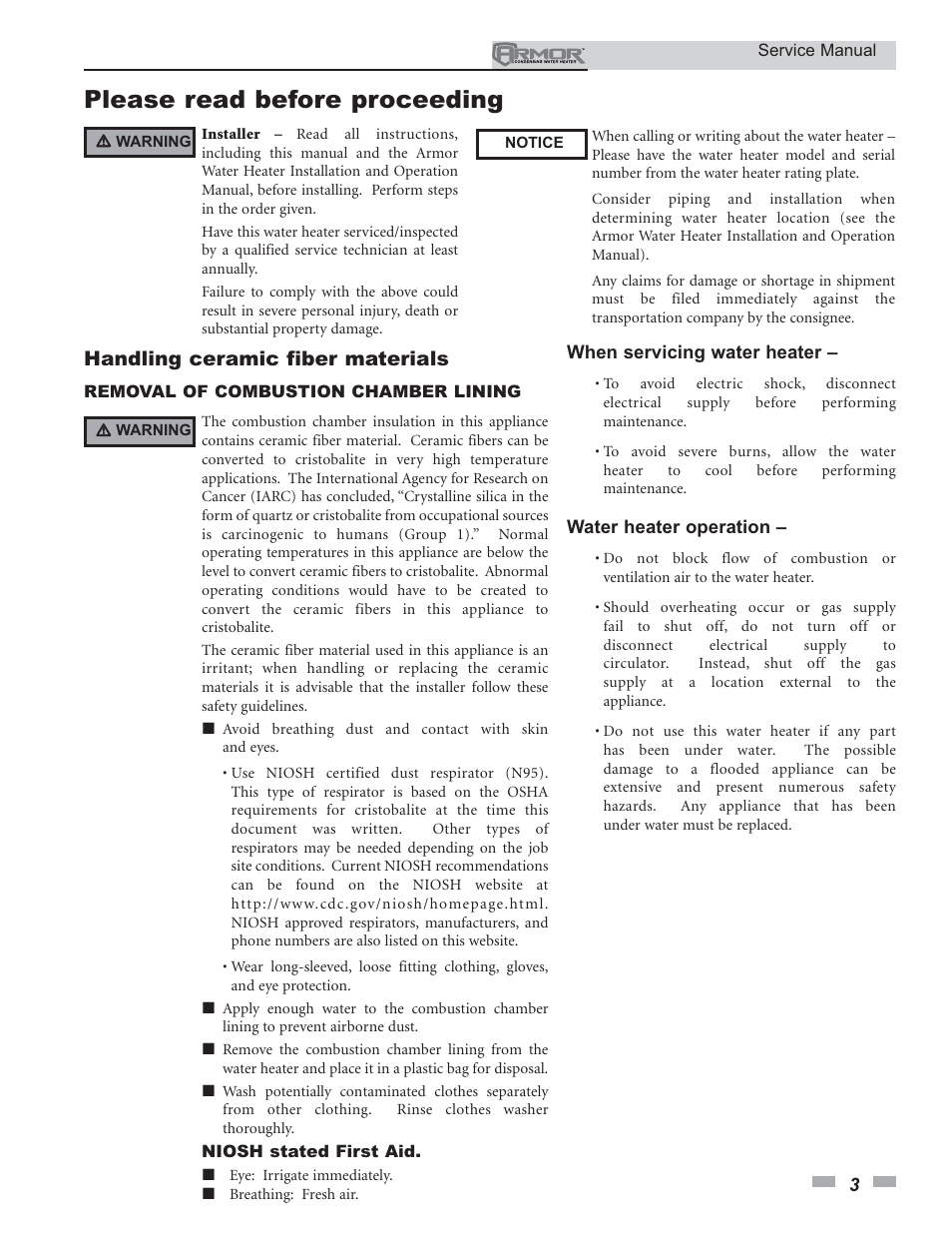 Please read before proceeding, Handling ceramic fiber materials | Lochinvar ARMOR 151 - 801 User Manual | Page 3 / 40