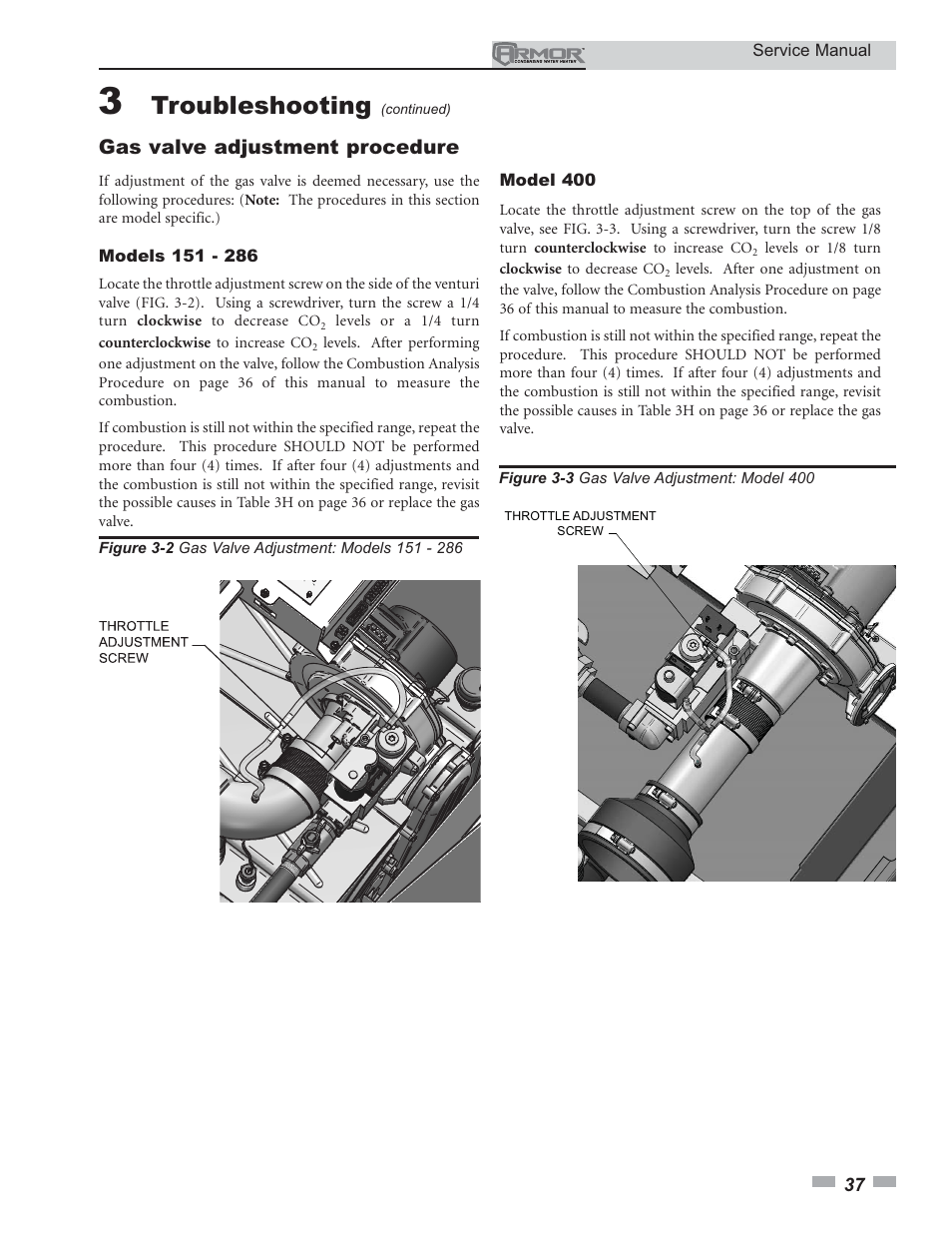 Troubleshooting, Gas valve adjustment procedure | Lochinvar ARMOR 151 - 801 User Manual | Page 37 / 40