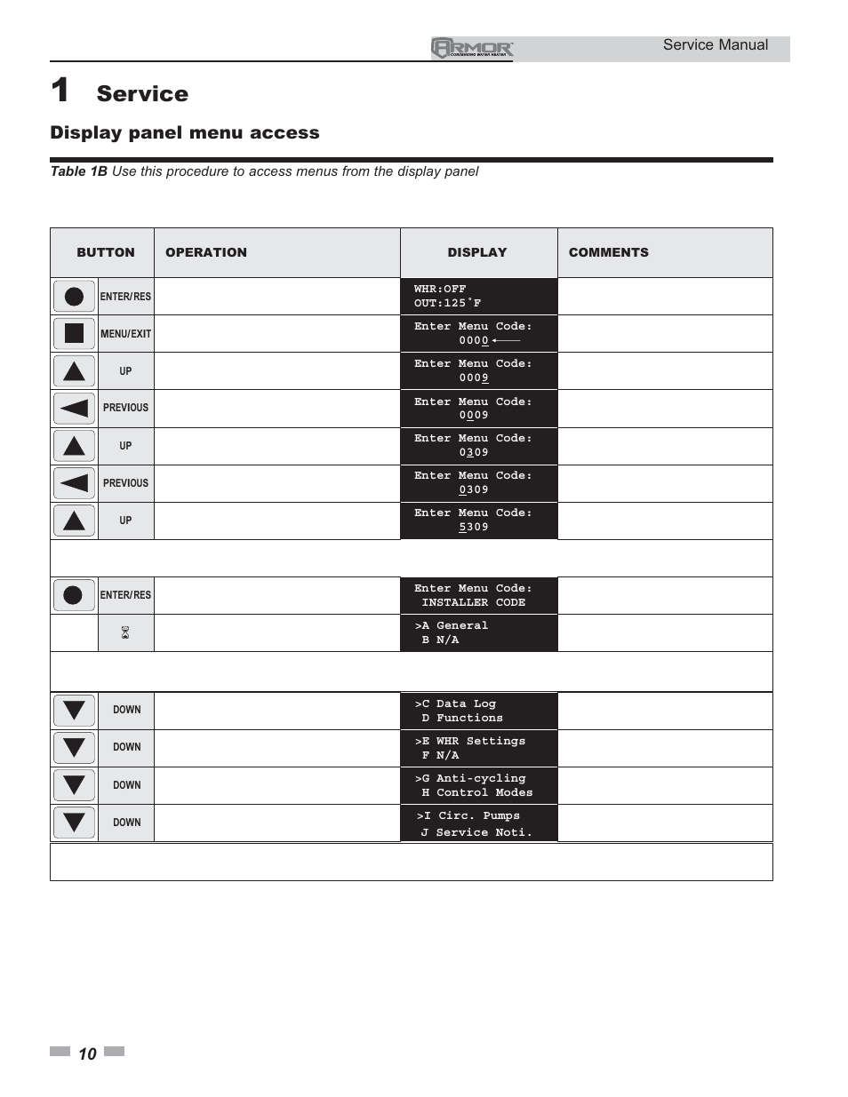 Service, Display panel menu access, Service manual | Lochinvar Armor 150 - 500 User Manual | Page 10 / 36