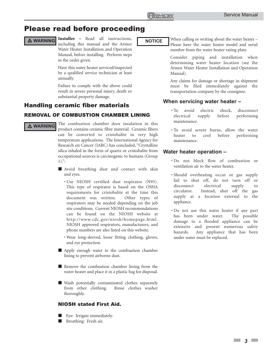 Please read before proceeding, Handling ceramic fiber materials | Lochinvar Armor 150 - 500 User Manual | Page 3 / 36