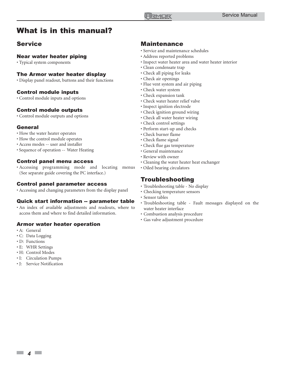 What is in this manual | Lochinvar Armor 150 - 500 User Manual | Page 4 / 36