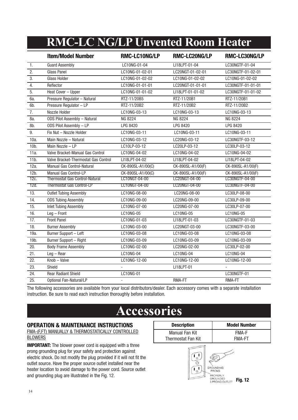 Accessories, Rmc-lc ng/lp unvented room heater, Operation & maintenance instructions | Storageflex RMC-LC10LP - 10 User Manual | Page 14 / 16