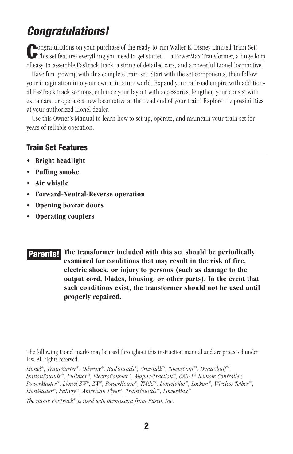 Parents, Train set features | Lionel Trains Baby Toy User Manual | Page 2 / 20