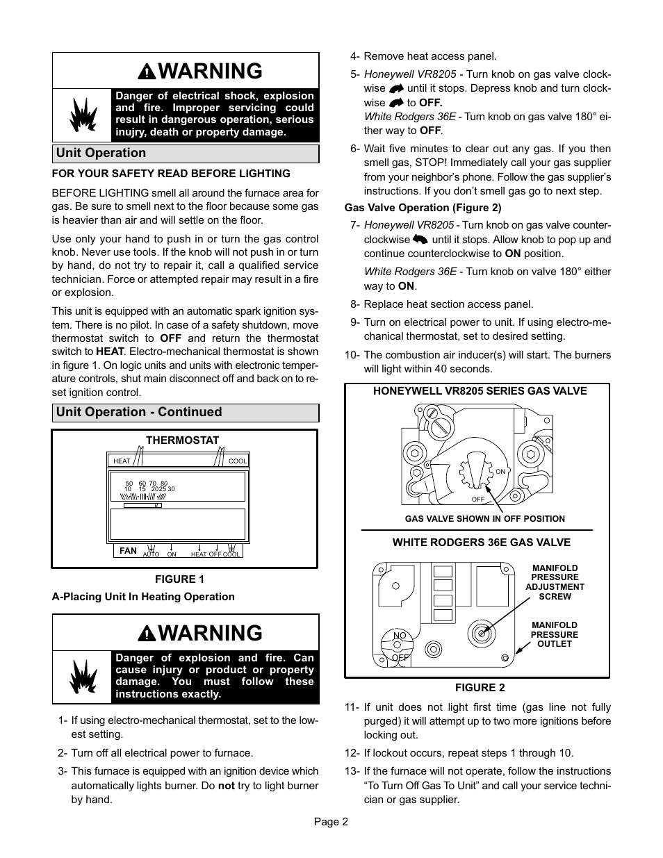 Warning, Unit operation, Unit operation − continued | Lennox International Inc. GCS16-024 User Manual | Page 3 / 4