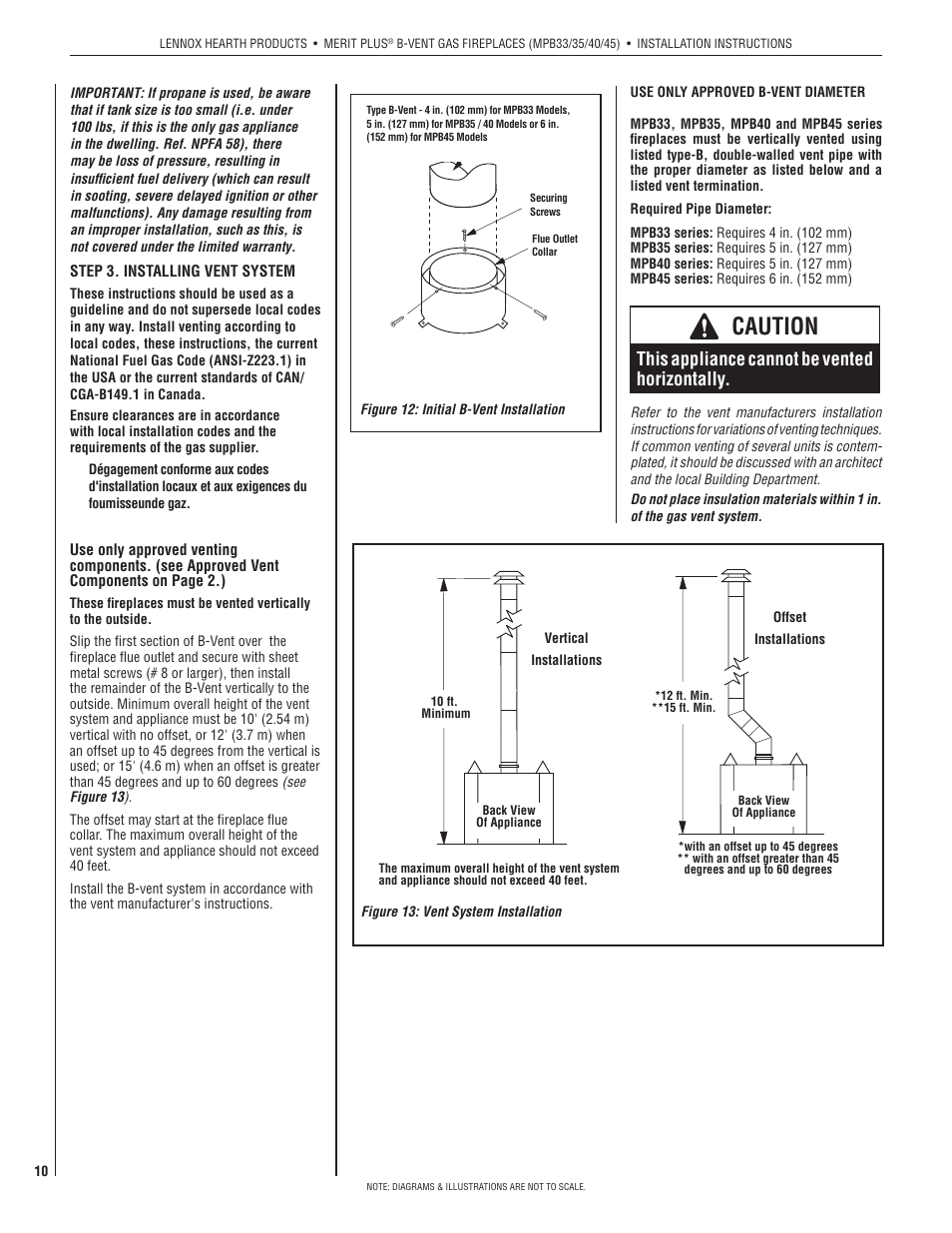 Caution, This appliance cannot be vented horizontally | Lennox International Inc. MERIT PLUS MPB3530CNM-B User Manual | Page 10 / 26