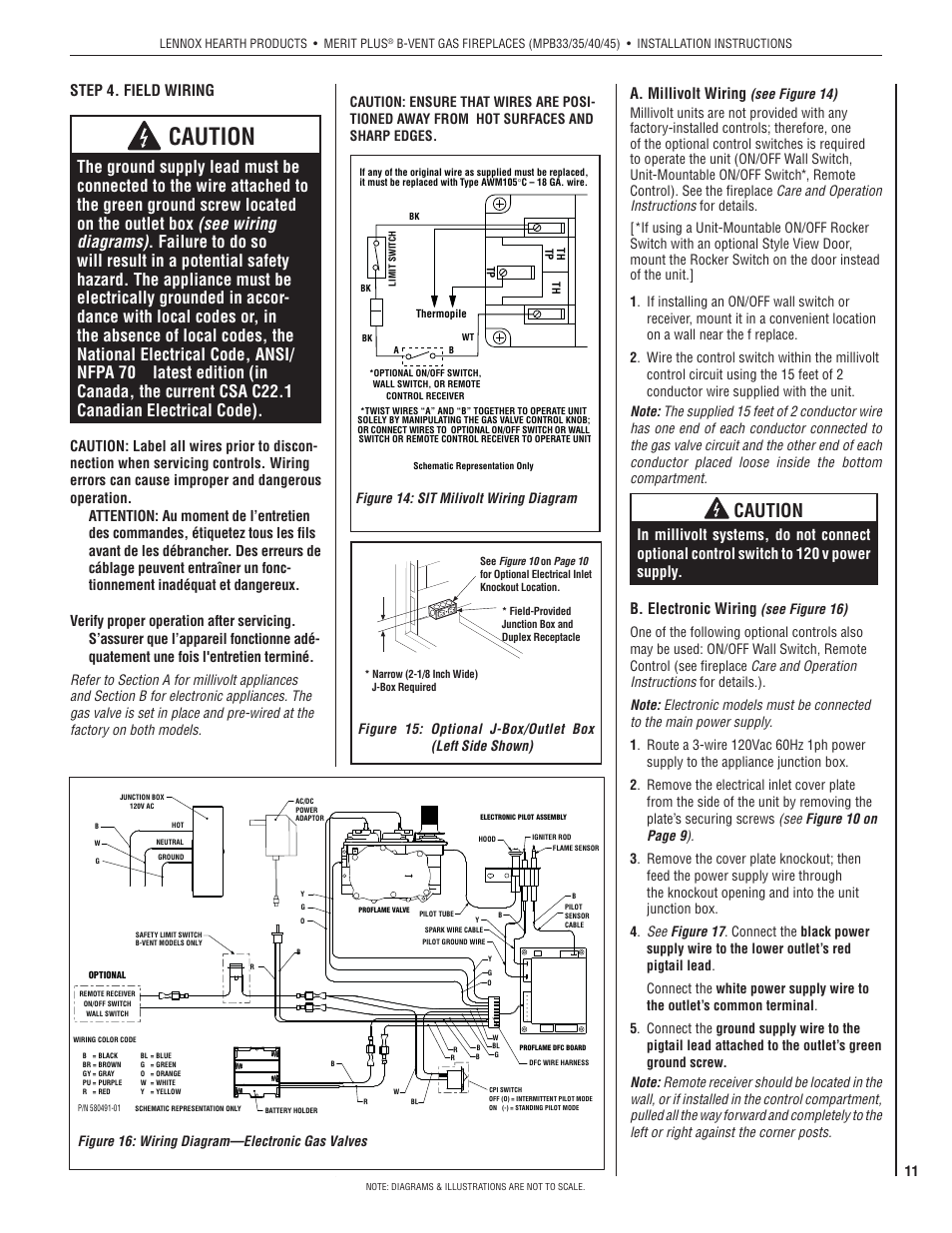Caution, Step 4. field wiring, A. millivolt wiring | Figure 14: sit milivolt wiring diagram | Lennox International Inc. MERIT PLUS MPB3530CNM-B User Manual | Page 11 / 26