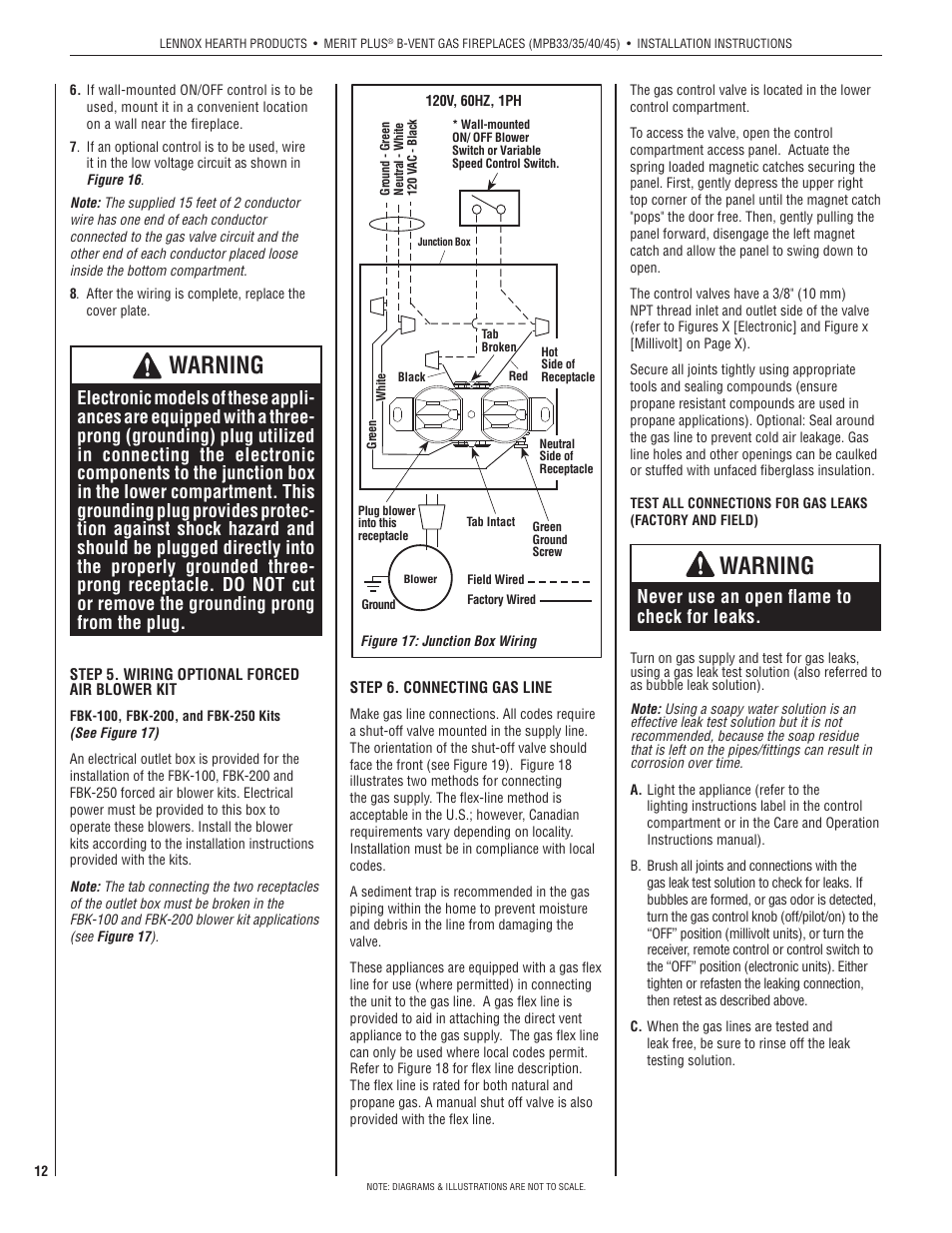 Warning, Never use an open fl ame to check for leaks | Lennox International Inc. MERIT PLUS MPB3530CNM-B User Manual | Page 12 / 26