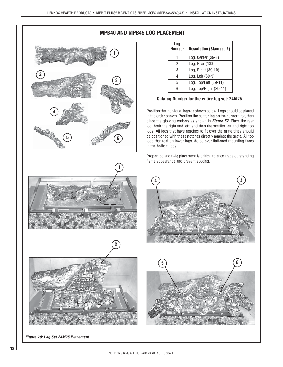 Mpb40 and mpb45 log placement | Lennox International Inc. MERIT PLUS MPB3530CNM-B User Manual | Page 18 / 26