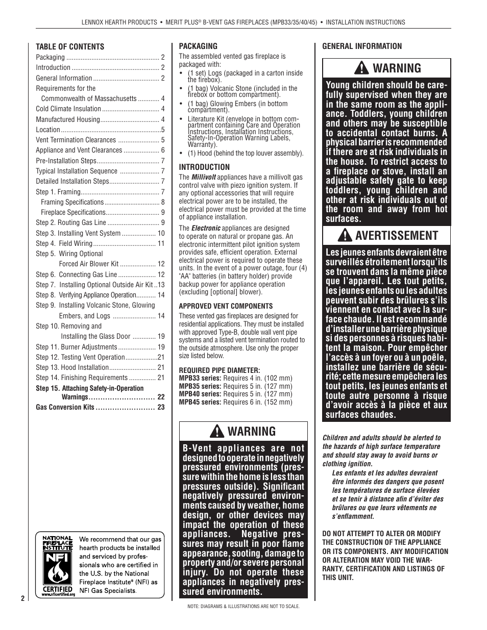 Warning, Avertissement | Lennox International Inc. MERIT PLUS MPB3530CNM-B User Manual | Page 2 / 26