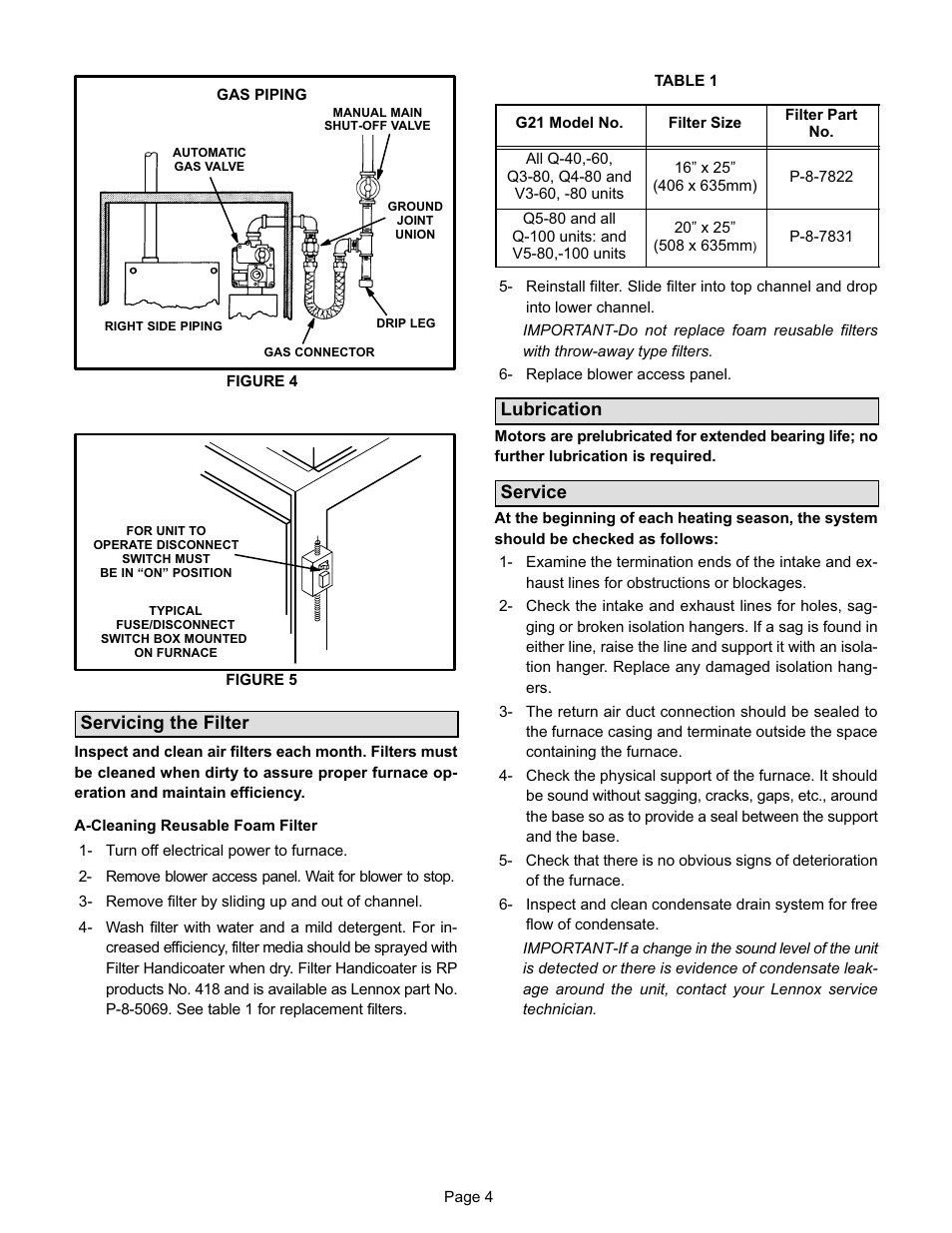 Servicing the filter, Lubrication, Service | Lennox International Inc. G21Q User Manual | Page 5 / 6