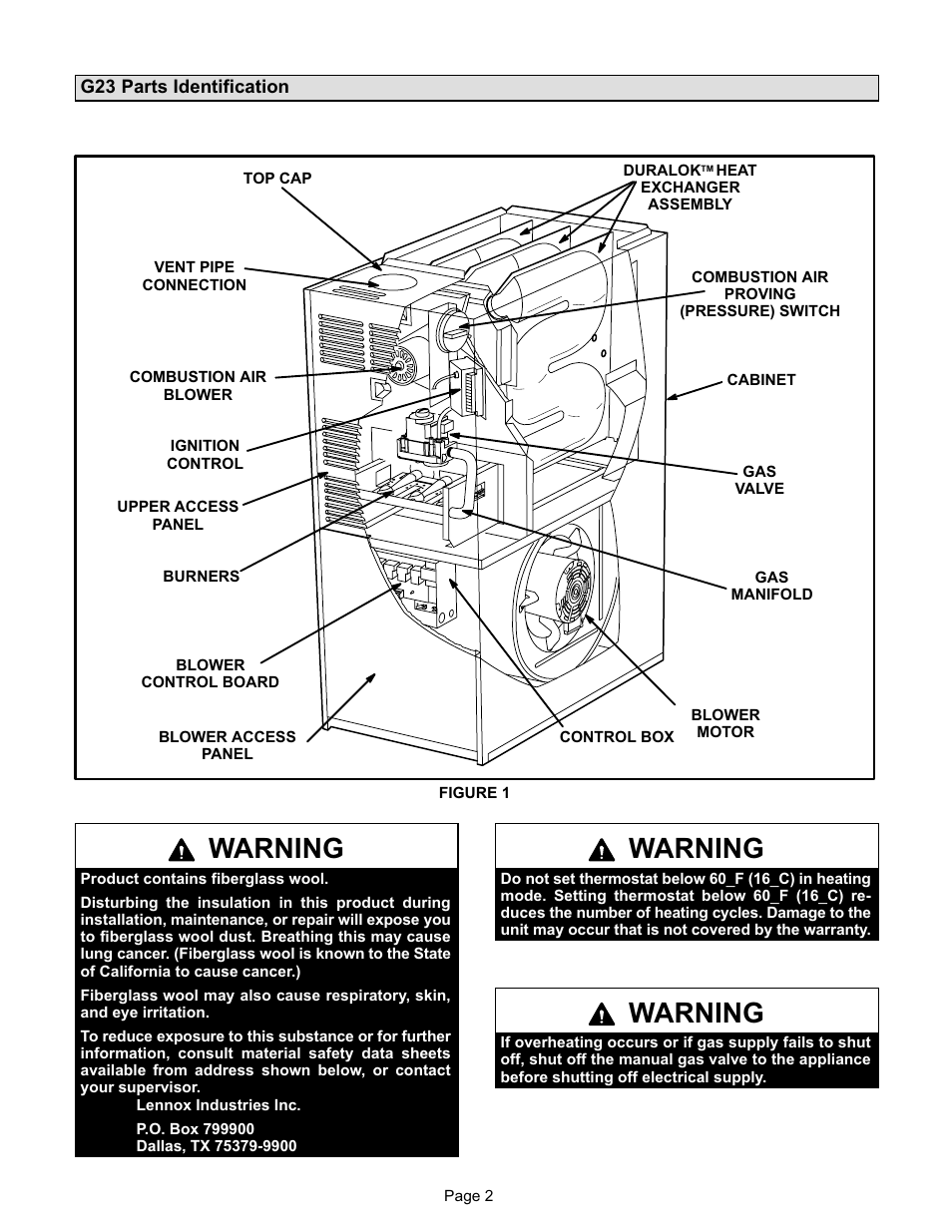 Warning | Lennox International Inc. G23 User Manual | Page 2 / 6