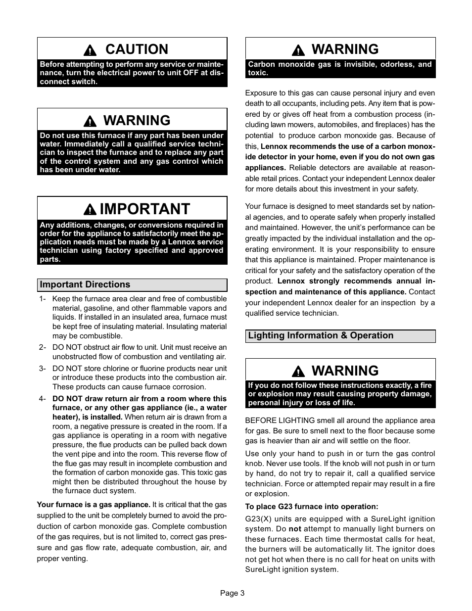 Important, Caution, Warning | Lennox International Inc. G23 User Manual | Page 3 / 6