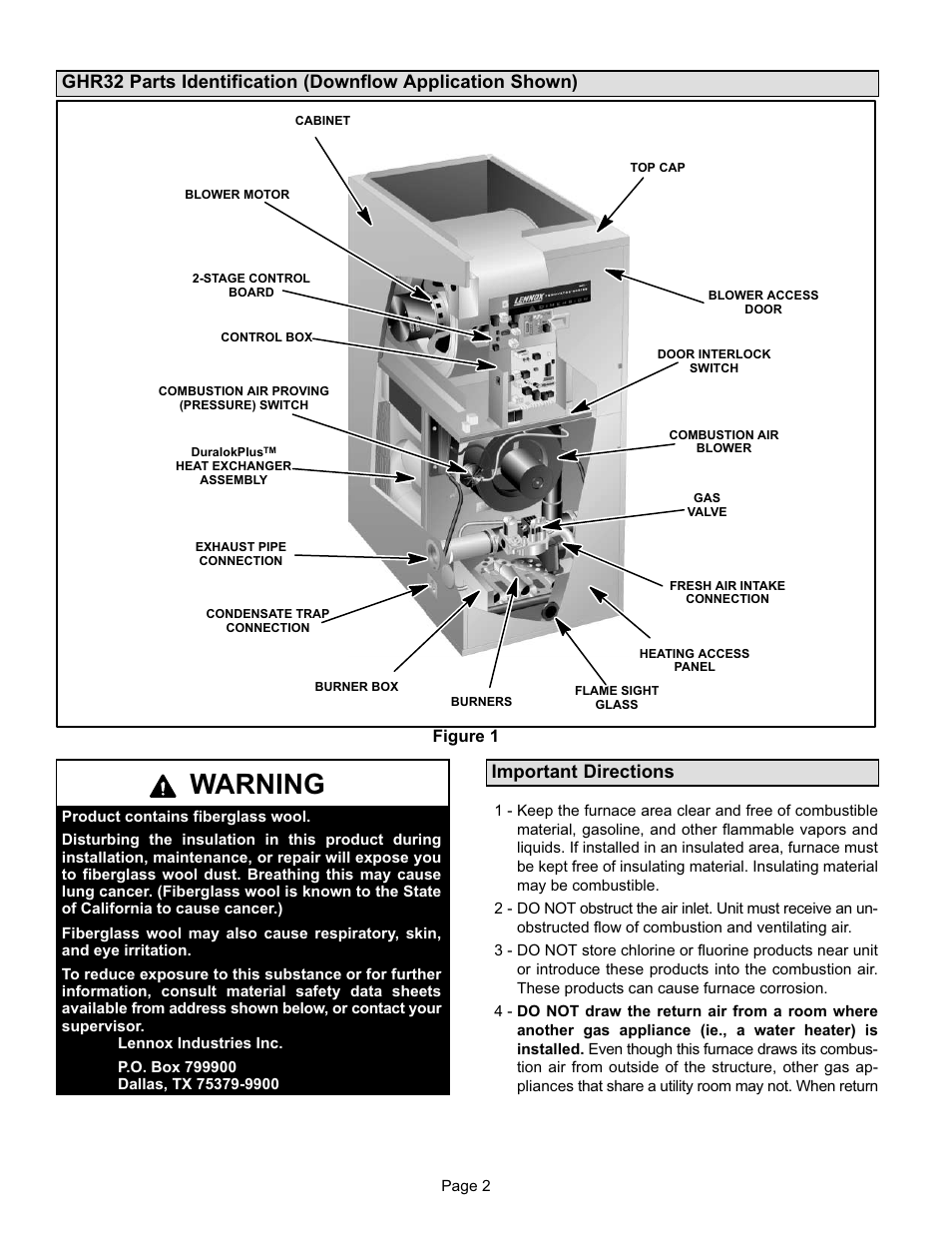 Warning, Important directions | Lennox International Inc. GHR32 User Manual | Page 2 / 5