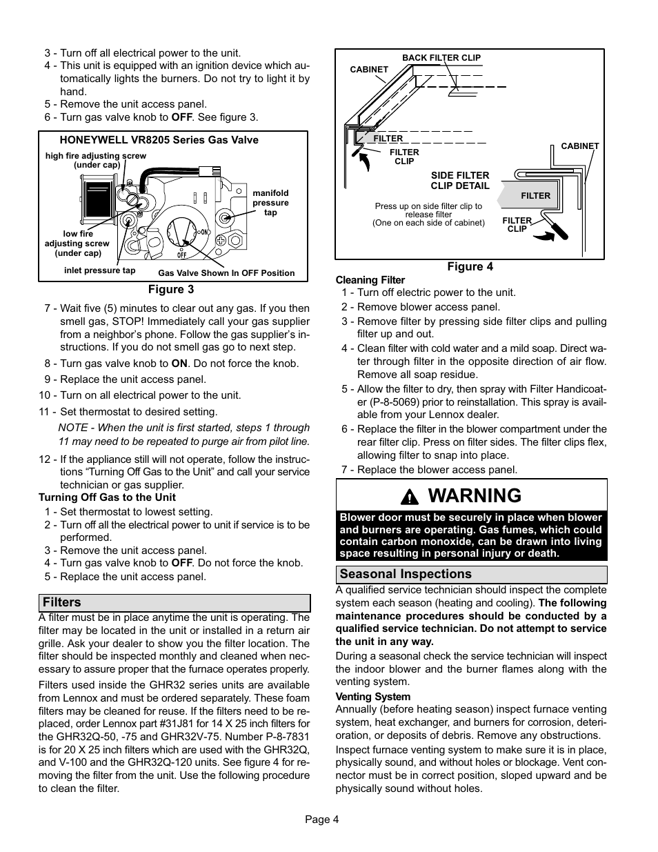 Warning, Filters, Seasonal inspections | Lennox International Inc. GHR32 User Manual | Page 4 / 5