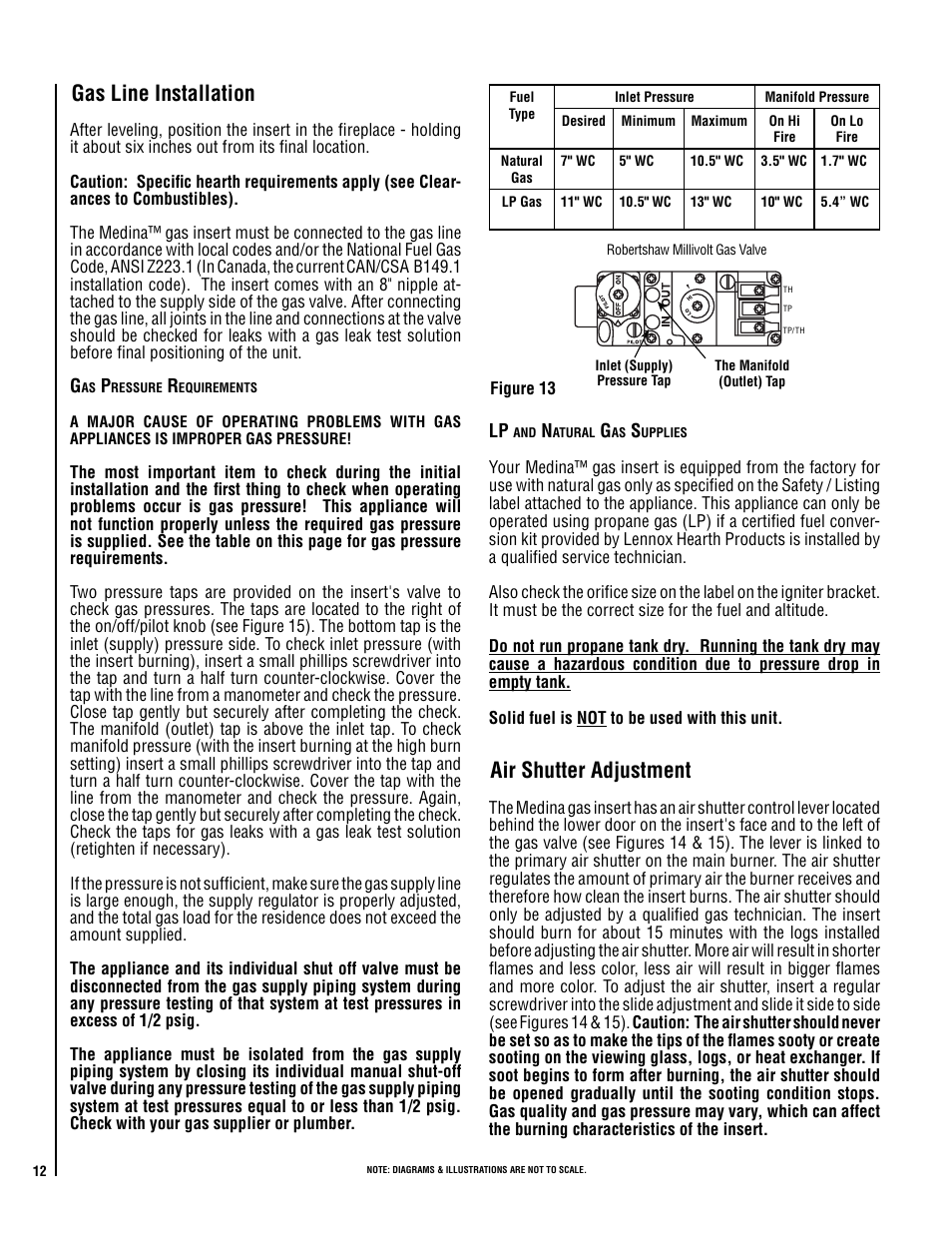 Gas line installation, Air shutter adjustment | Lennox International Inc. Direct-Vent Gas User Manual | Page 12 / 24