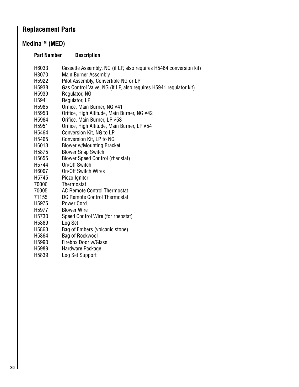 Replacement parts medina™ (med) | Lennox International Inc. Direct-Vent Gas User Manual | Page 20 / 24