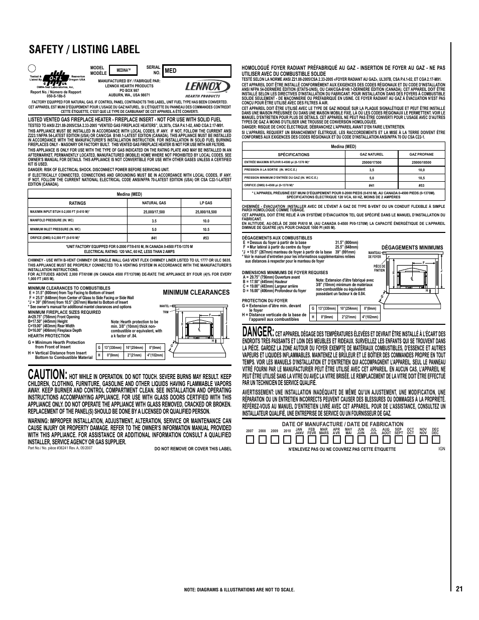 Caution, Danger, Safety / listing label | Minimum clearances | Lennox International Inc. Direct-Vent Gas User Manual | Page 21 / 24