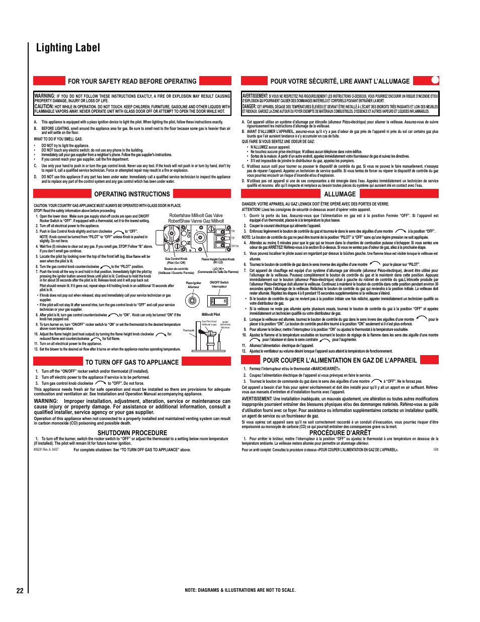 Lighting label, For your safety read before operating, Shutdown procedure operating instructions | Pour couper l’alimentation en gaz de l’appareil, Procédure d’arrêt allumage | Lennox International Inc. Direct-Vent Gas User Manual | Page 22 / 24