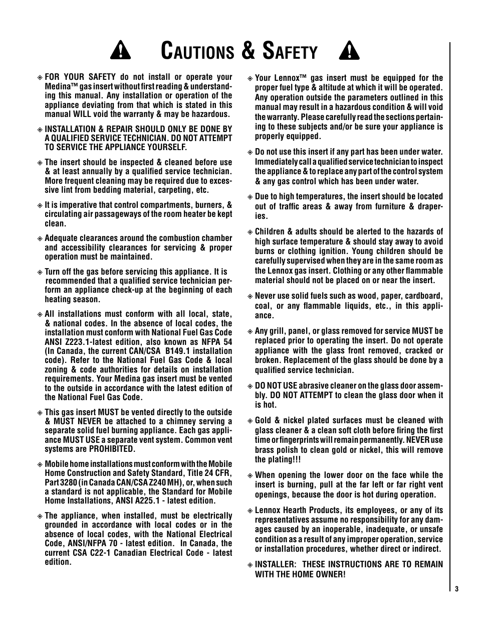 Autions, Afety | Lennox International Inc. Direct-Vent Gas User Manual | Page 3 / 24