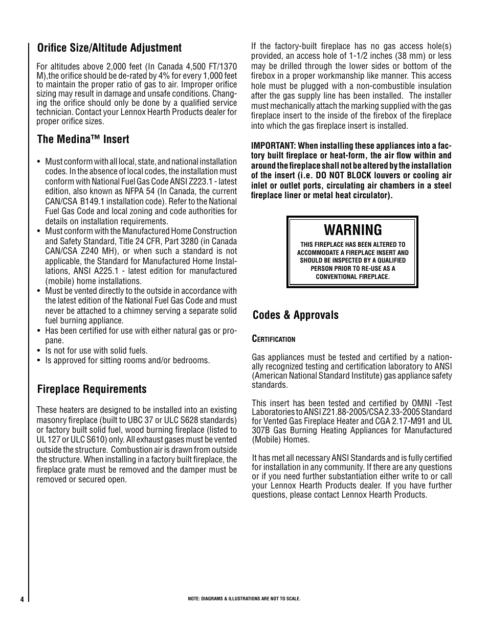 Warning, Orifice size/altitude adjustment, The medina™ insert | Fireplace requirements, Codes & approvals | Lennox International Inc. Direct-Vent Gas User Manual | Page 4 / 24