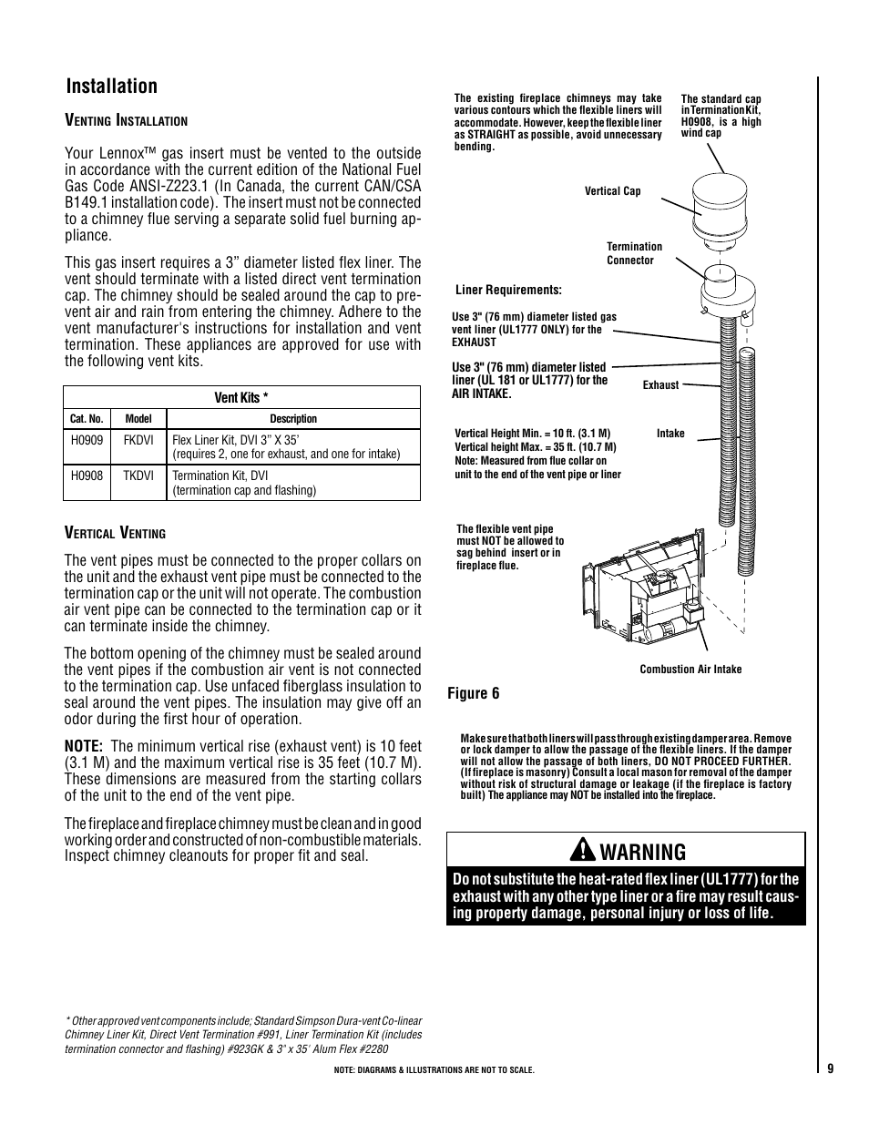 Warning, Installation | Lennox International Inc. Direct-Vent Gas User Manual | Page 9 / 24