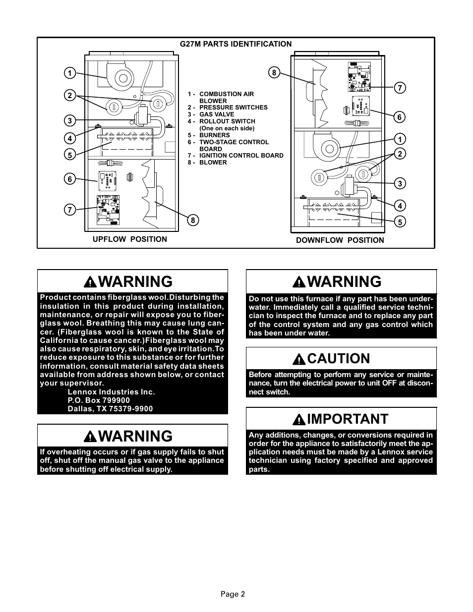 Warning, Caution, Important | Lennox International Inc. G27M User Manual | Page 2 / 6