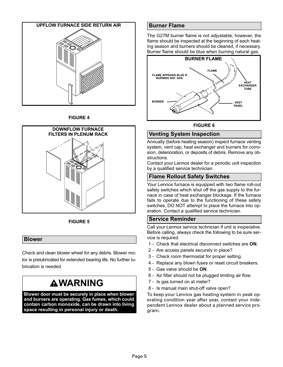 Warning, Blower, Burner flame | Venting system inspection, Flame rollout safety switches, Service reminder | Lennox International Inc. G27M User Manual | Page 5 / 6