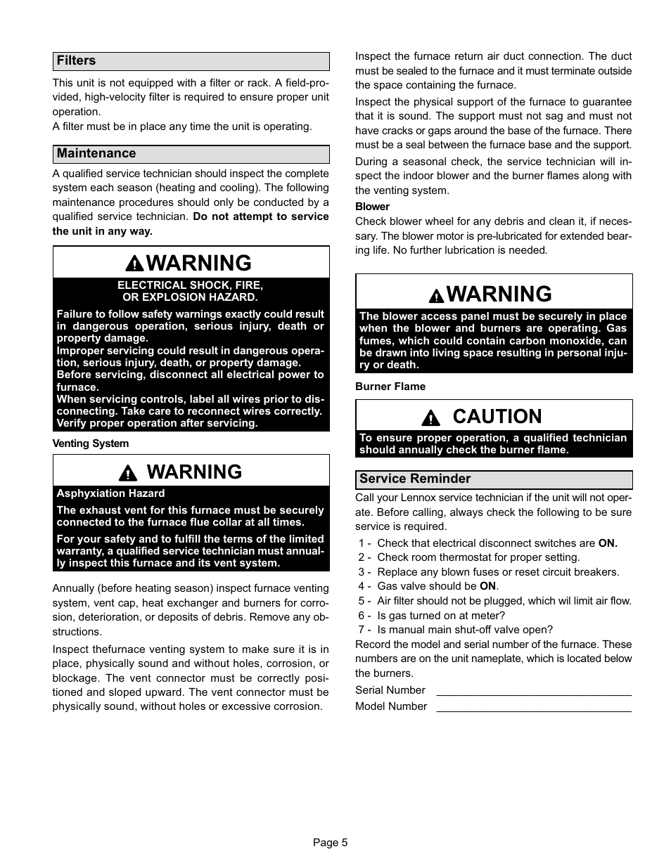 Warning, Caution | Lennox International Inc. G60UH(X) Series User Manual | Page 5 / 7
