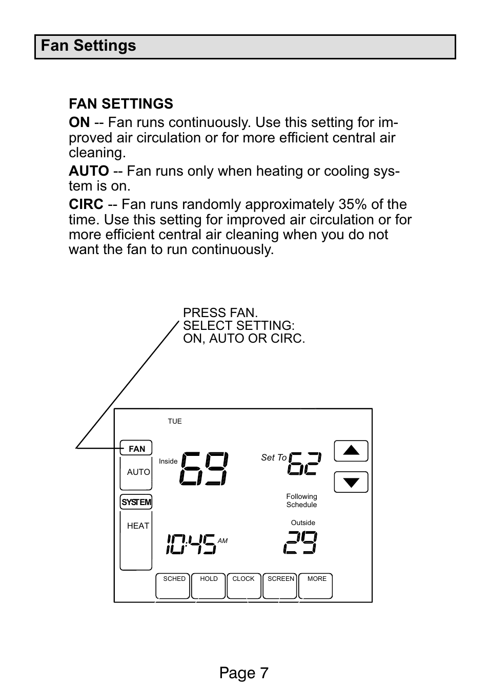 Page 7 fan settings, Press fan. select setting: on, auto or circ | Lennox International Inc. Ellite Series User Manual | Page 7 / 32