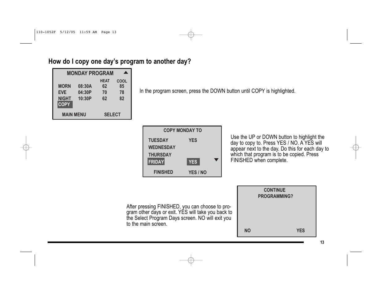 How do i copy one day’s program to another day | Lennox International Inc. 81M28 User Manual | Page 13 / 28