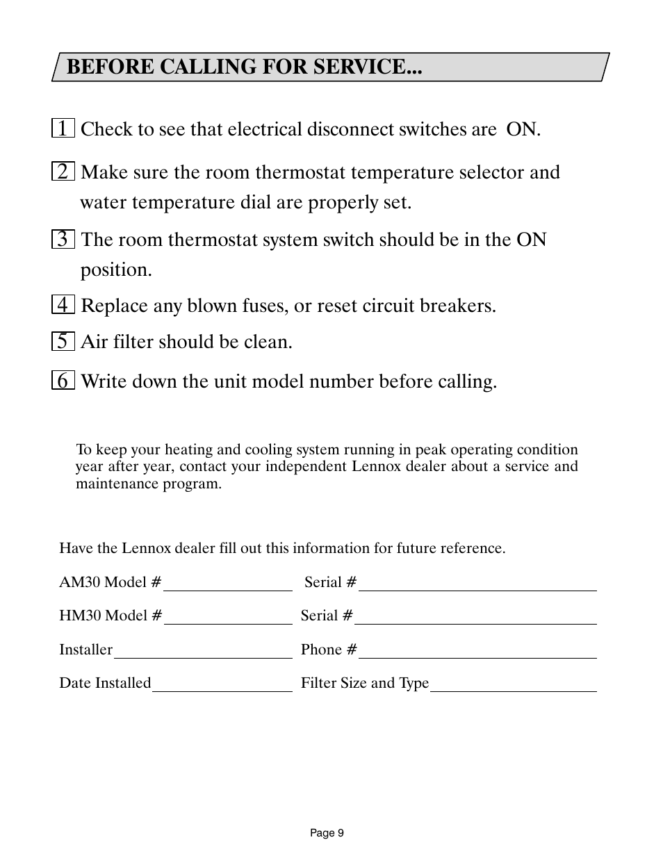 Before calling for service | Lennox International Inc. Lennox CompleteHeatTM COMBINATION HEATING SYSTEM User Manual | Page 10 / 10