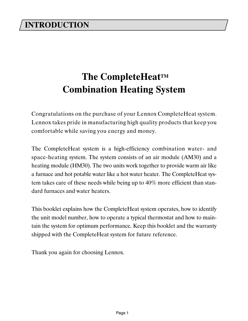 The completeheat, Combination heating system, Introduction | Lennox International Inc. Lennox CompleteHeatTM COMBINATION HEATING SYSTEM User Manual | Page 2 / 10