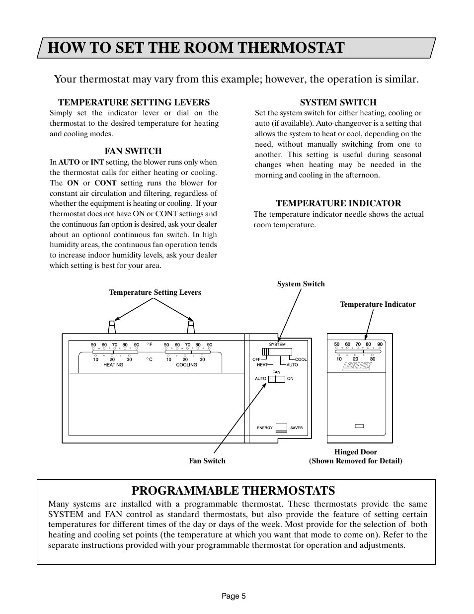 How to set the room thermostat, Programmable thermostats | Lennox International Inc. Lennox CompleteHeatTM COMBINATION HEATING SYSTEM User Manual | Page 6 / 10