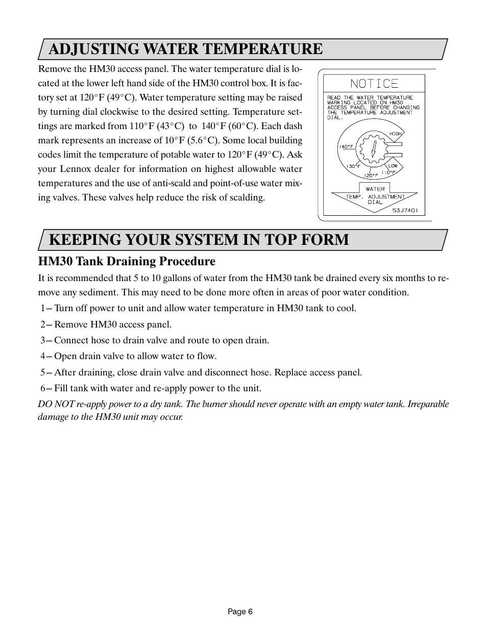 Adjusting water temperature, Keeping your system in top form | Lennox International Inc. Lennox CompleteHeatTM COMBINATION HEATING SYSTEM User Manual | Page 7 / 10