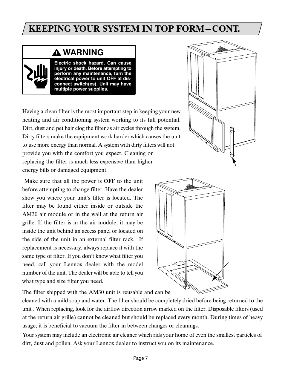 Keeping your system in top form-cont, Warning, Am30 air module and filters | Lennox International Inc. Lennox CompleteHeatTM COMBINATION HEATING SYSTEM User Manual | Page 8 / 10