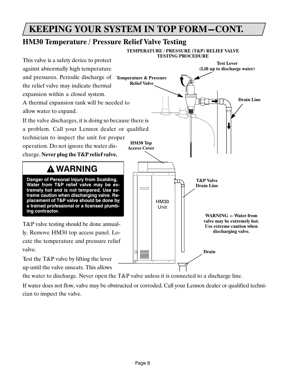 Keeping your system in top form-cont, Warning, Hm30 temperature / pressure relief valve testing | Lennox International Inc. Lennox CompleteHeatTM COMBINATION HEATING SYSTEM User Manual | Page 9 / 10