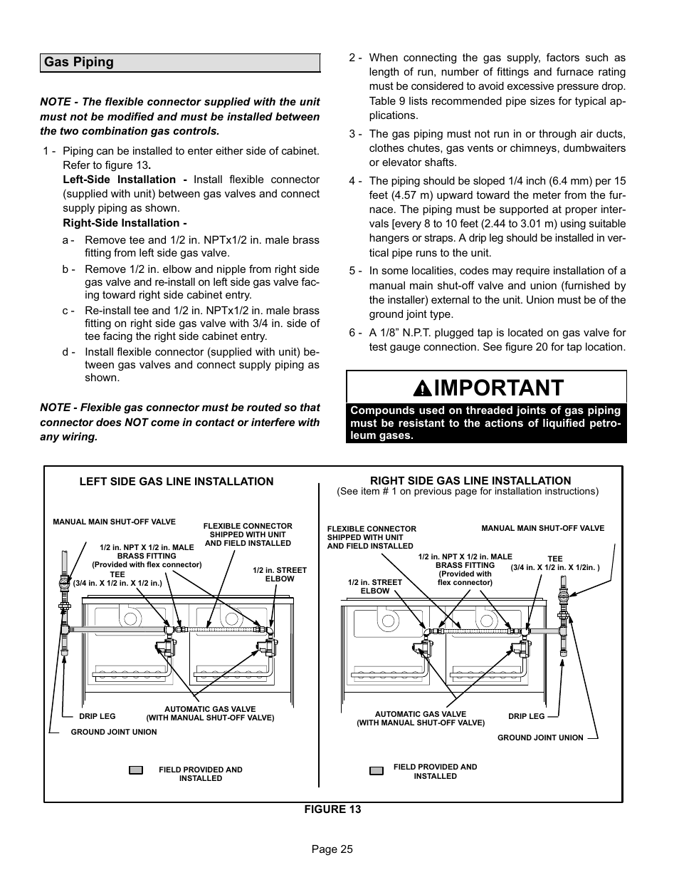 Important, Gas piping | Lennox International Inc. G24-200 User Manual | Page 25 / 44