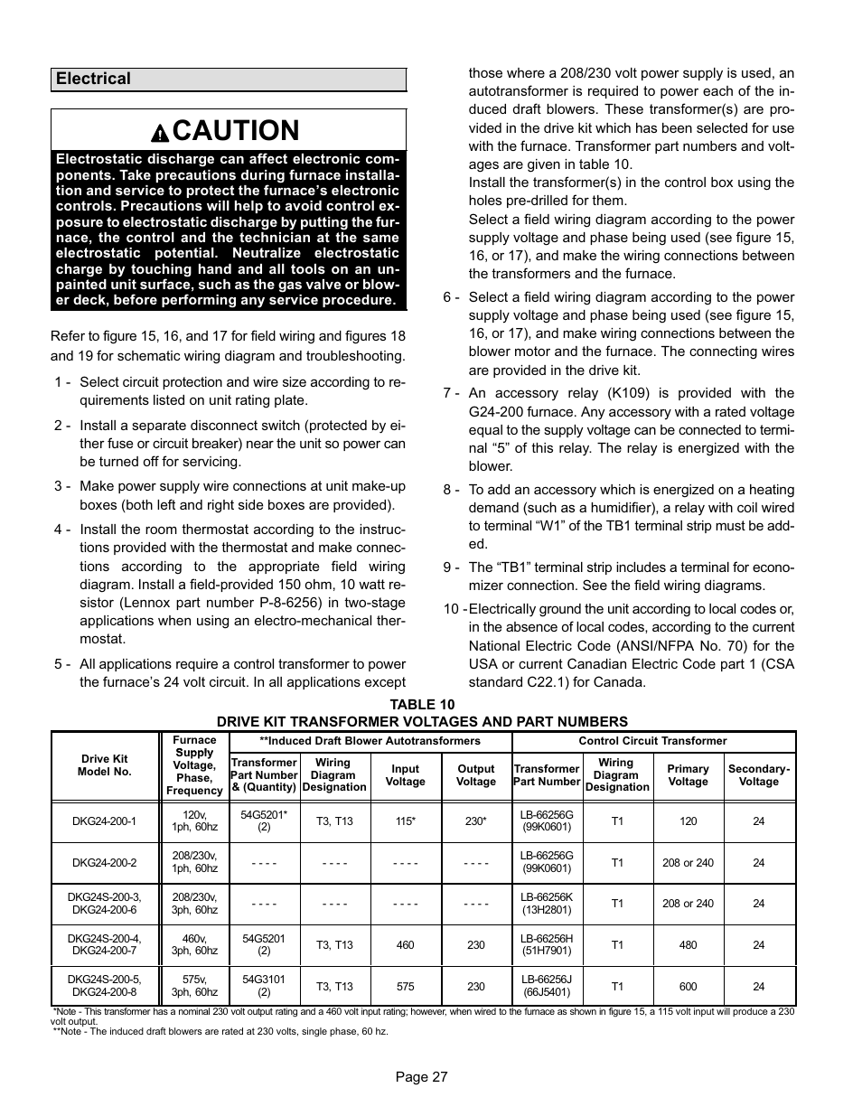 Caution, Electrical | Lennox International Inc. G24-200 User Manual | Page 27 / 44